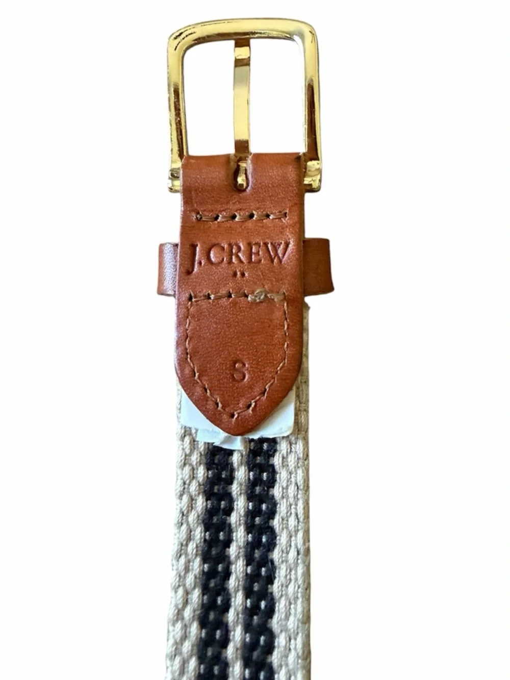 J. Crew Fctry Striped Woven Belt Tan Black Silver Metallic Gold Buckle SZ SMALL